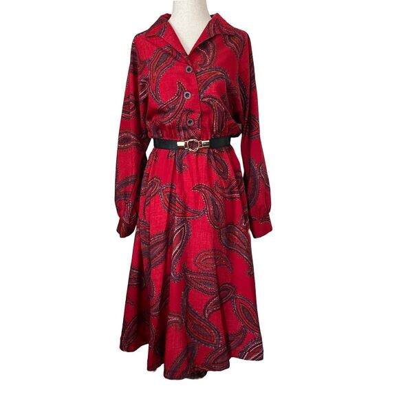 Hal Hardin Dresses & Skirts - Vintage 70s/80s Red Paisley Midi Dress - Retro Boho Chic Button-Down Longsleeve